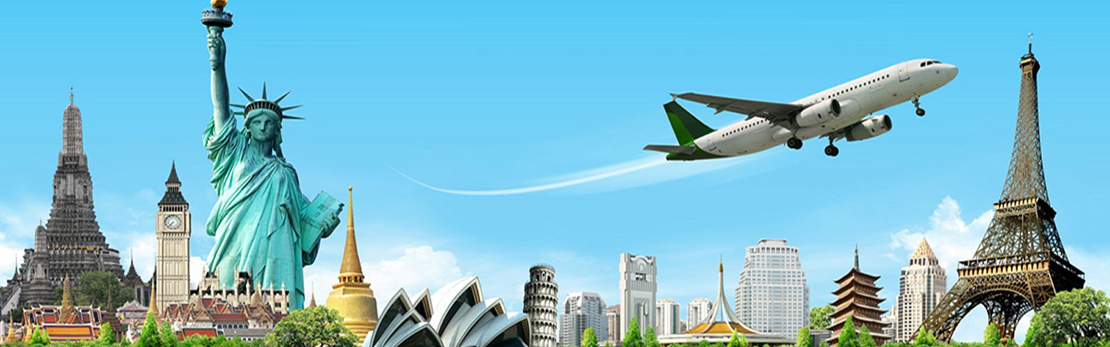 Airplane flying over city skyline